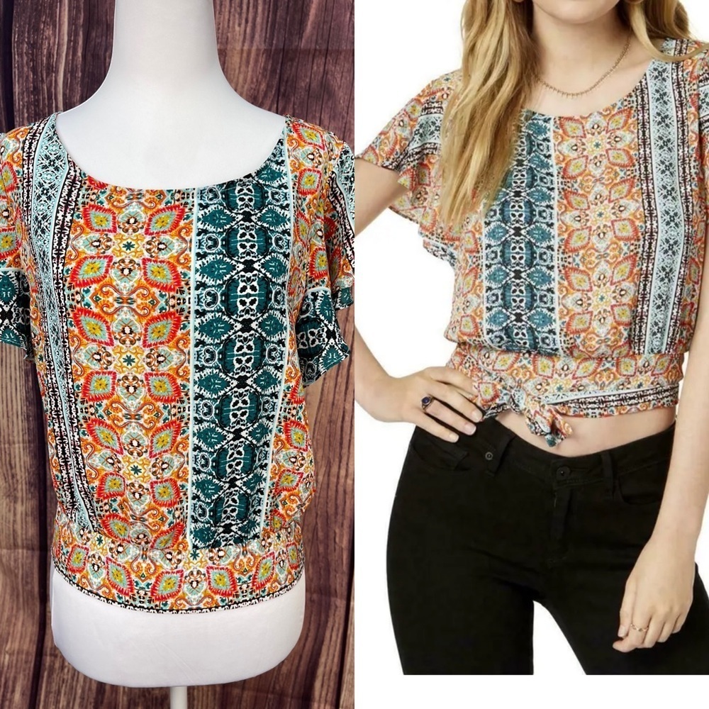 by & by boho multi orange green printed tie back crop top blouse juniors size L